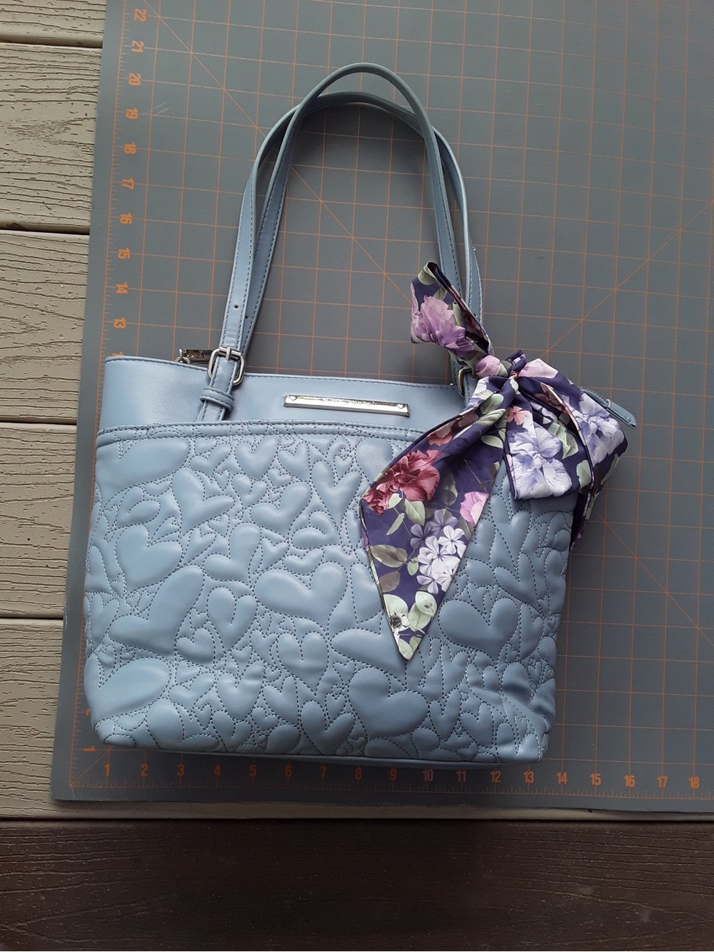 EUC Betsey Johnson Light Blue Quilted Heart Tote Bag with Floral Scarf Accent